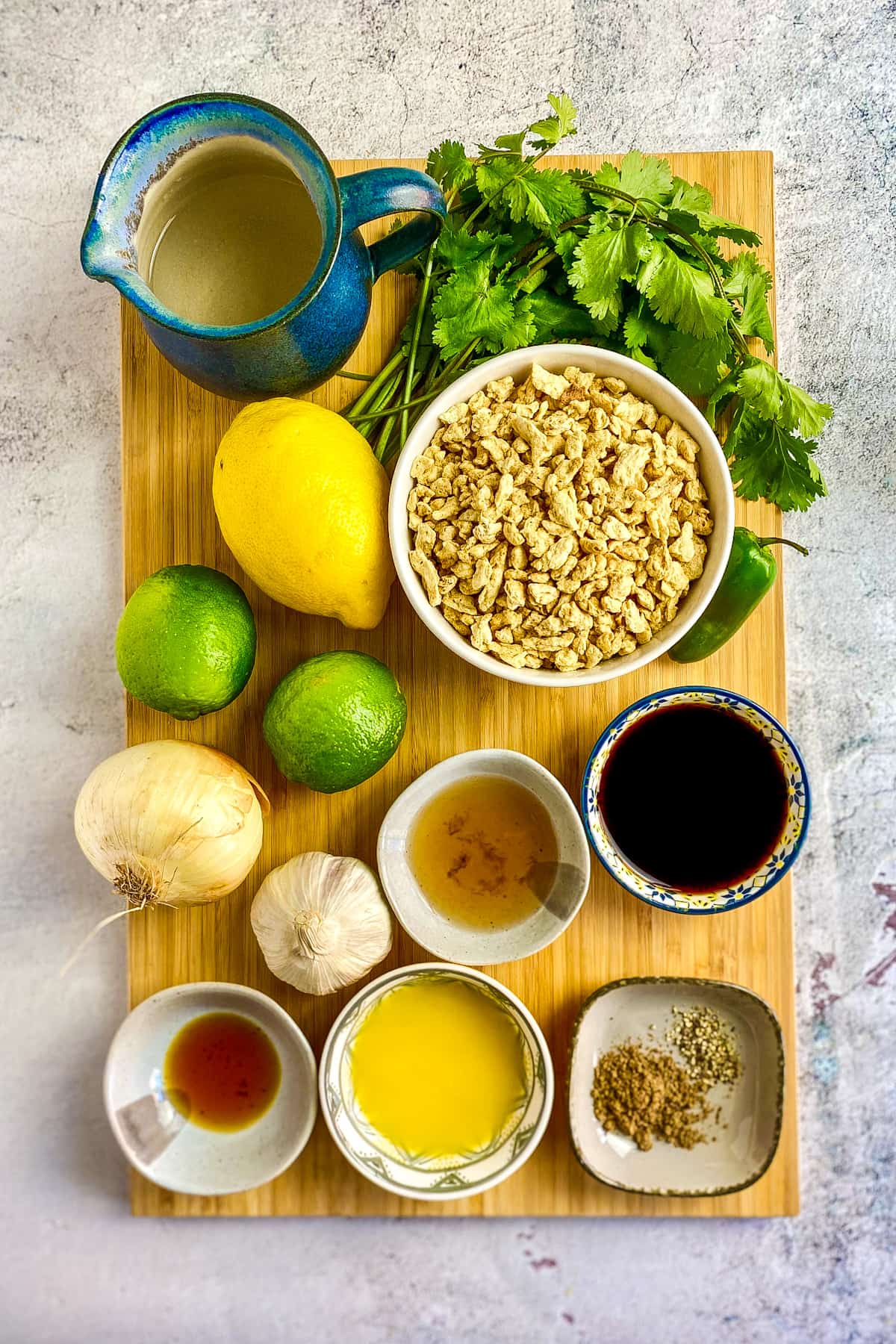 Vegan carne asada ingredients on a cutting board.