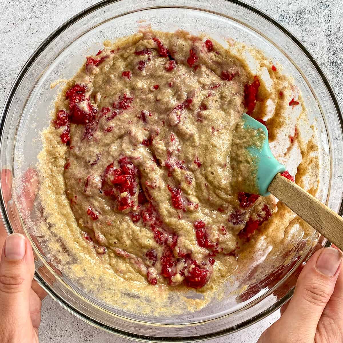 Vegan raspberry muffin batter.