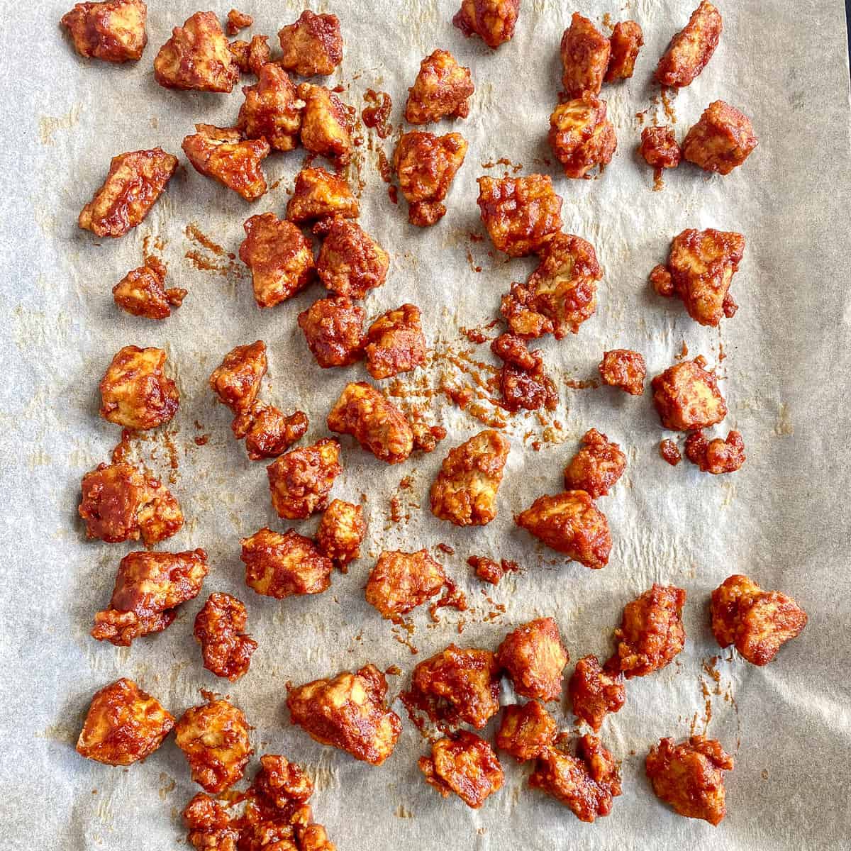 BBQ Tofu on baking sheet.