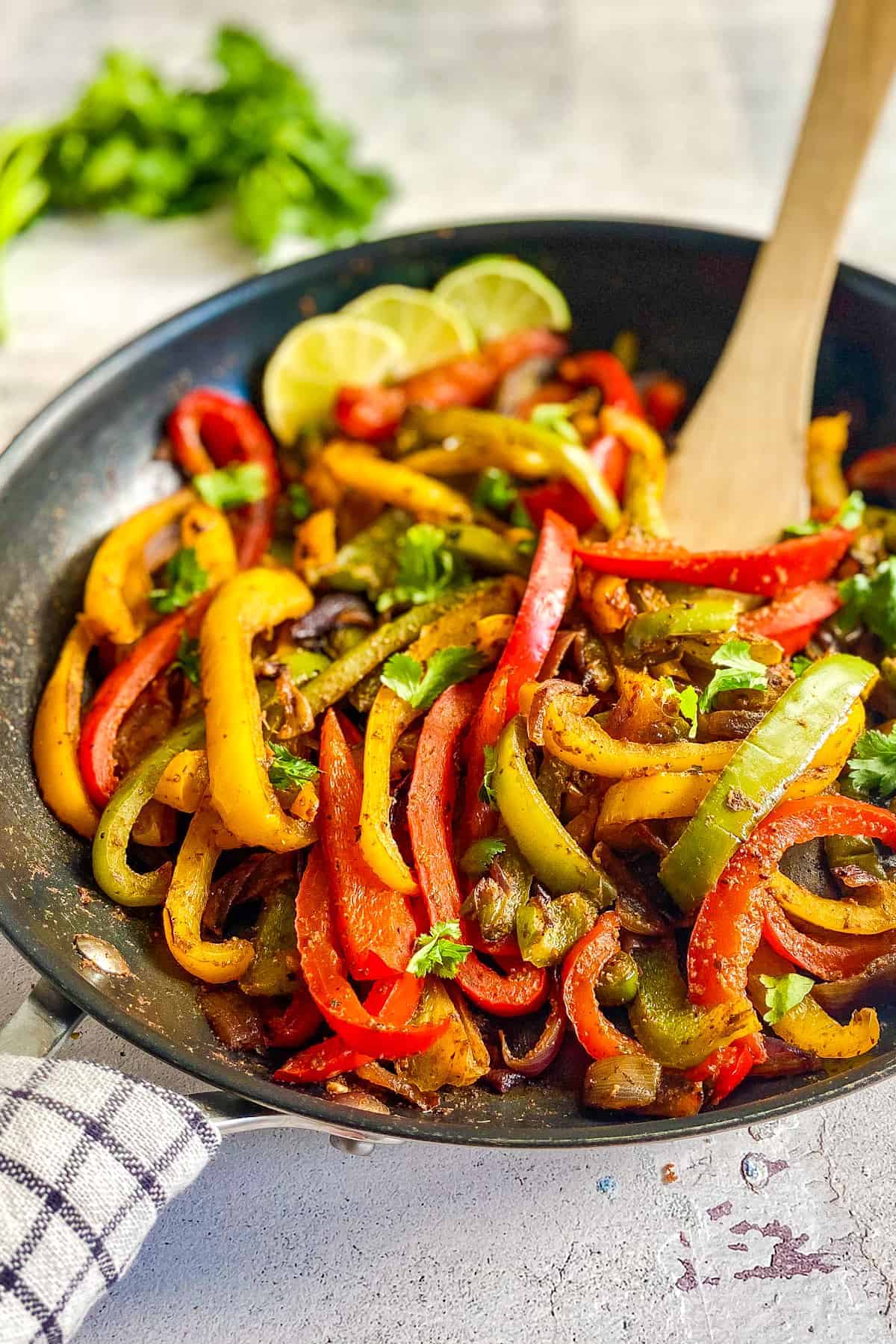 Closeup of Chipotle fajita veggies.