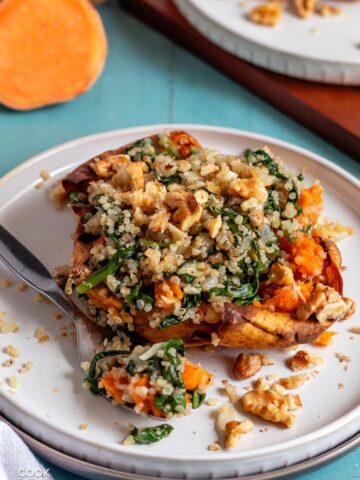 Spinach and quinoa stuffed baked potatoes.
