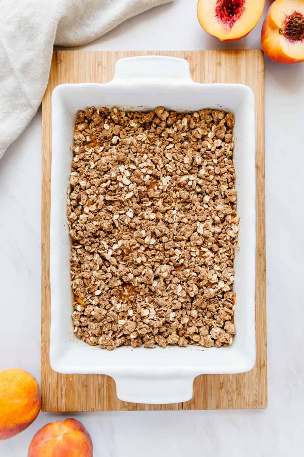 Baked vegan peach crisp.