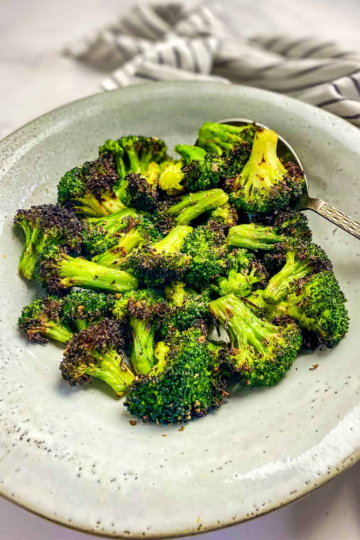 Frozen broccoli cooked in the air fryer.