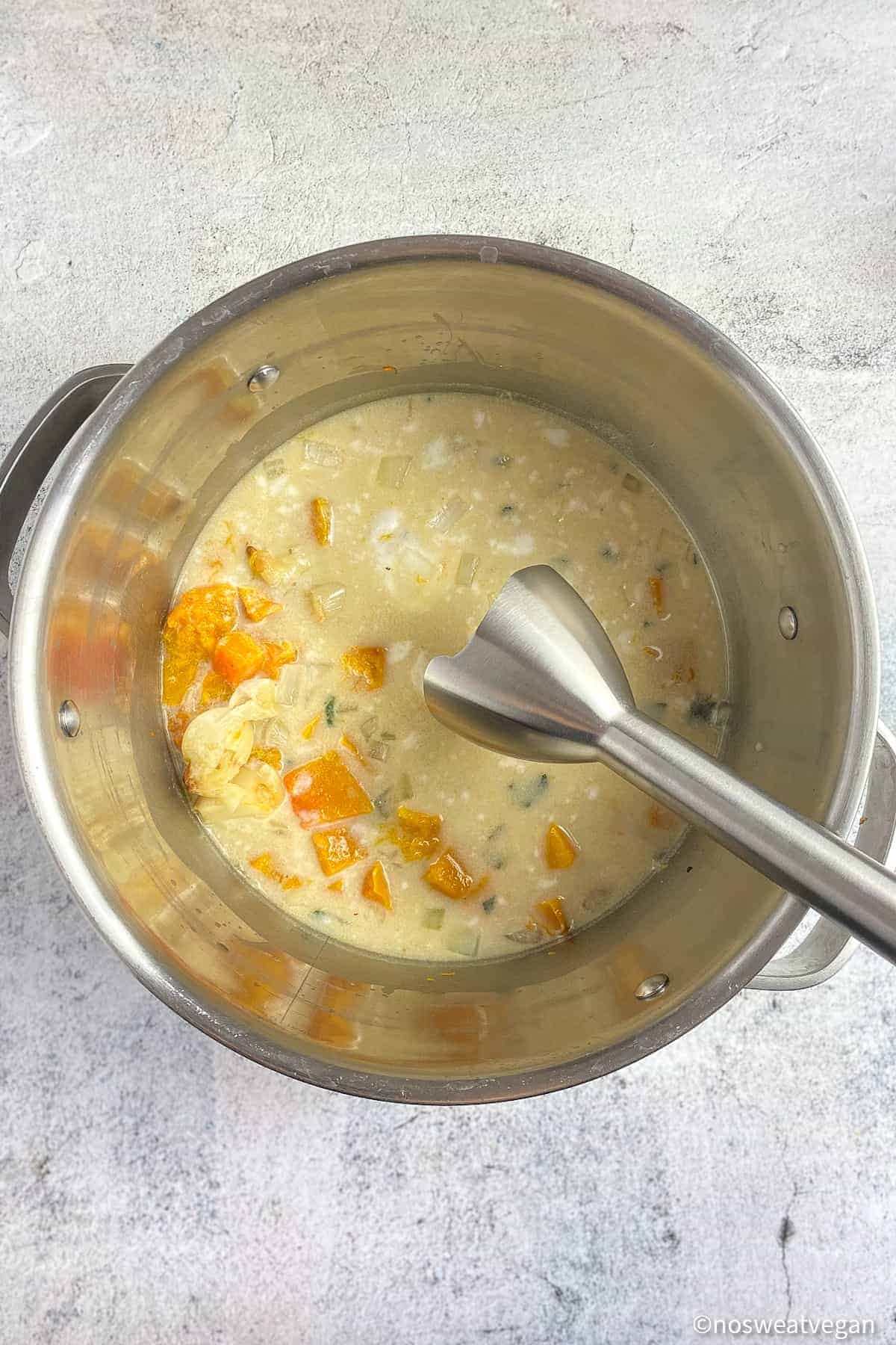 Butternut squash and coconut milk soup in pot with stick blender.