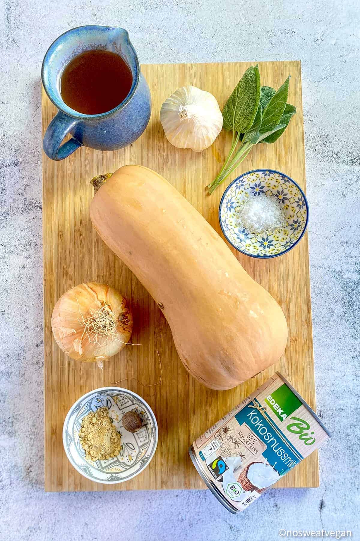 Vegan butternut squash soup ingredients.