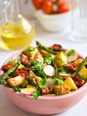 Spring potato salad in a bowl.