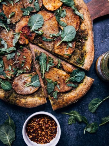 Vegan potato pesto pizza.