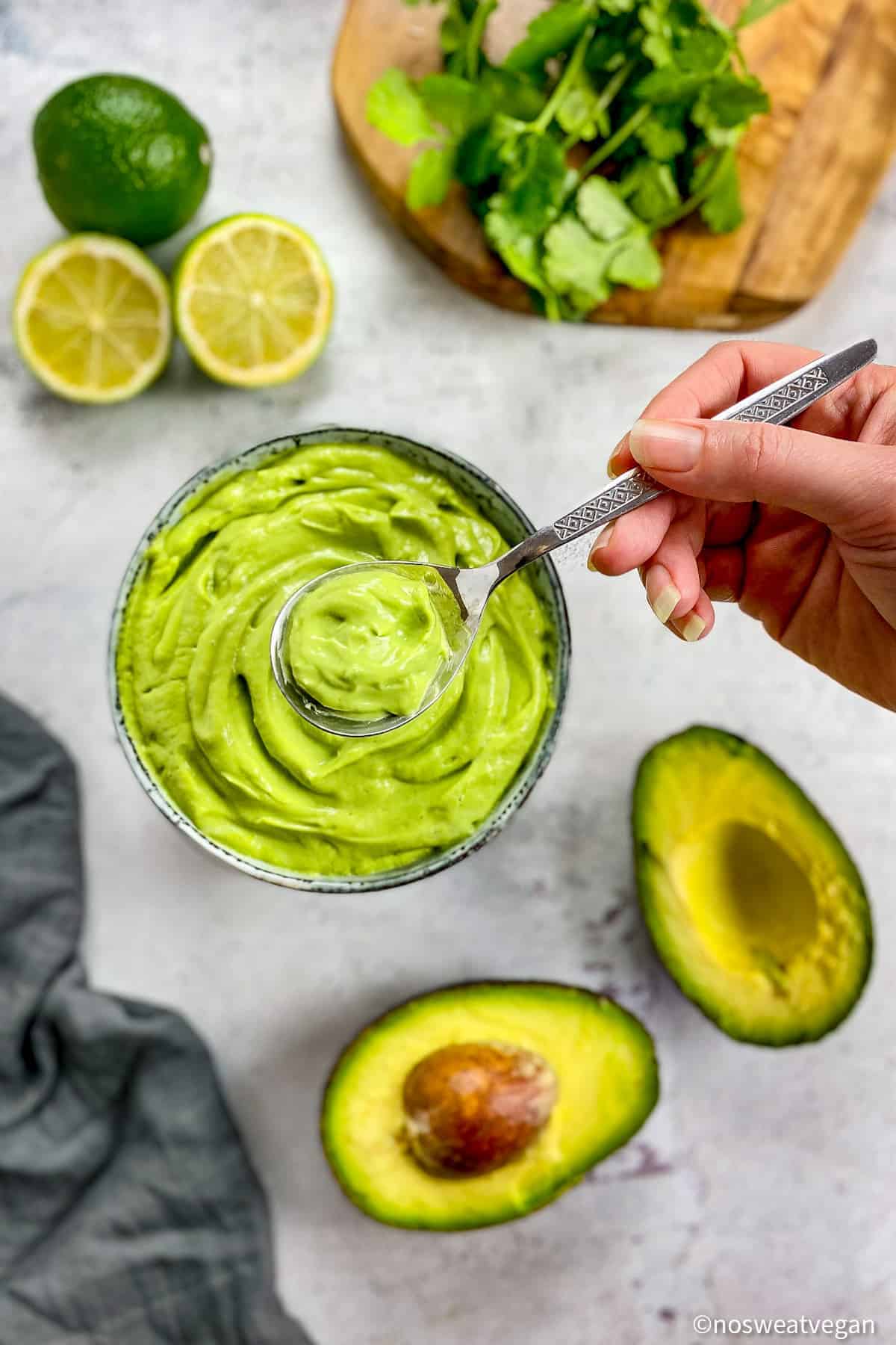 Hand lifting a spoonful of avocado cream sauce out of a bowl.