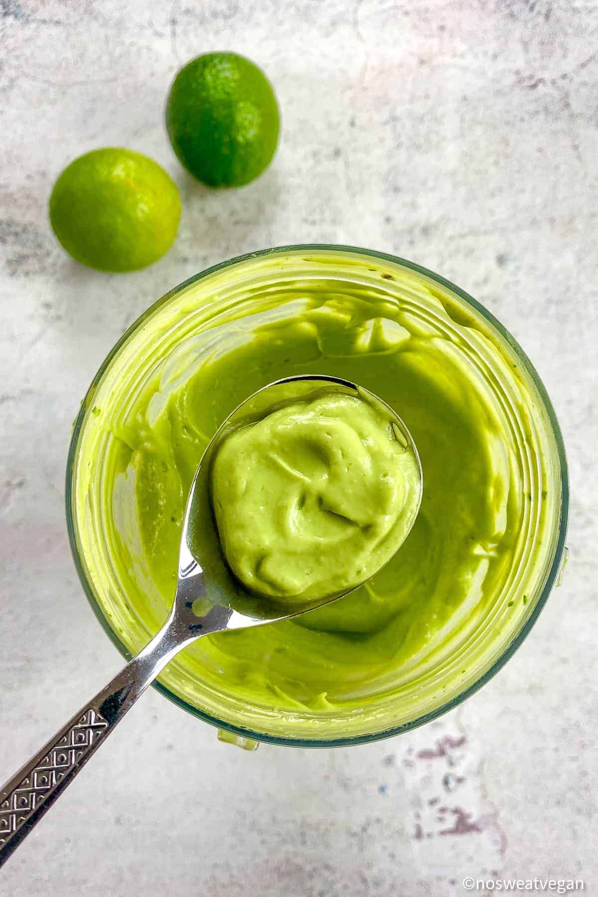 Vegan avocado crema mixed in blender with spoon lifting out.