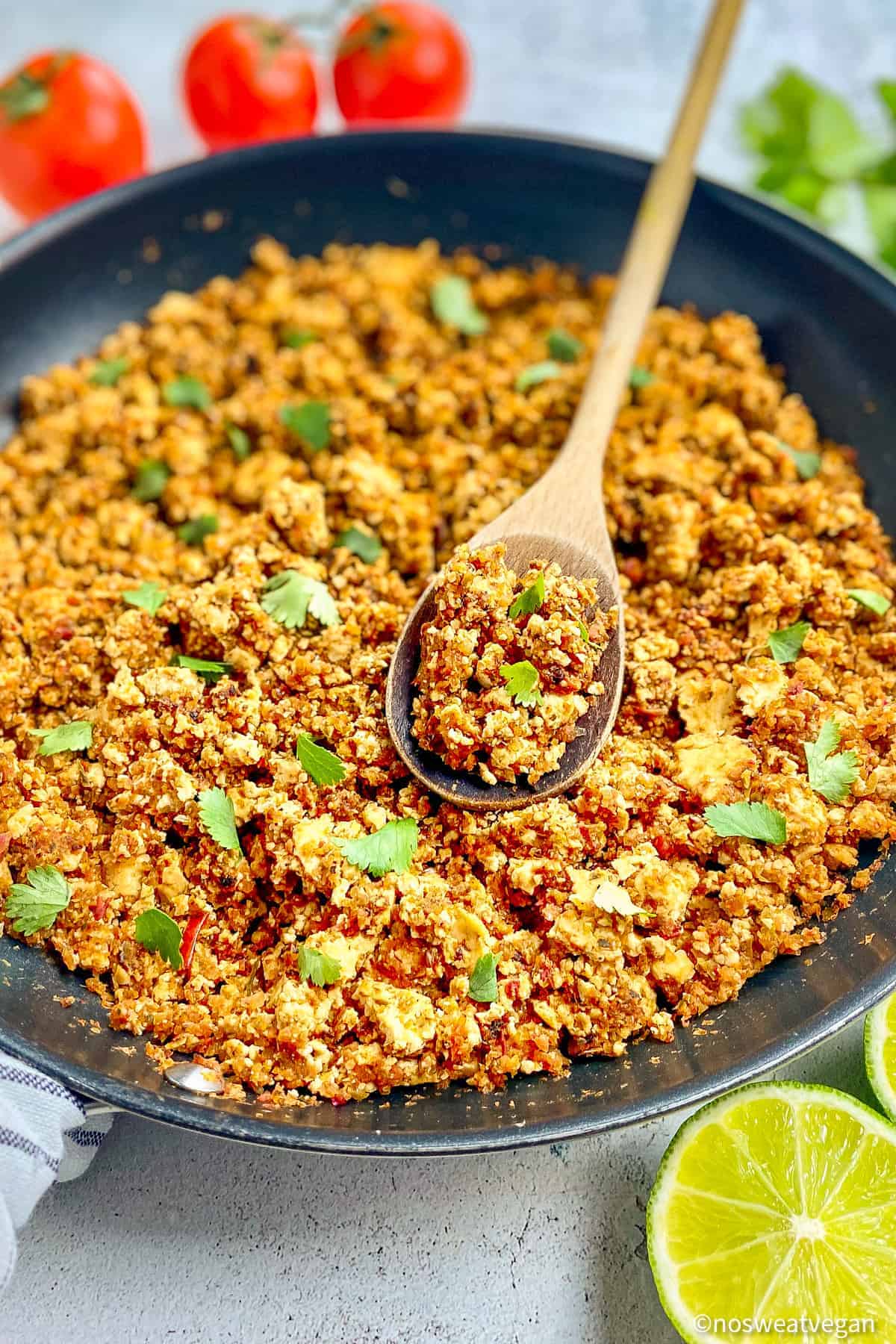 Sofritas in a skillet with a spoon.