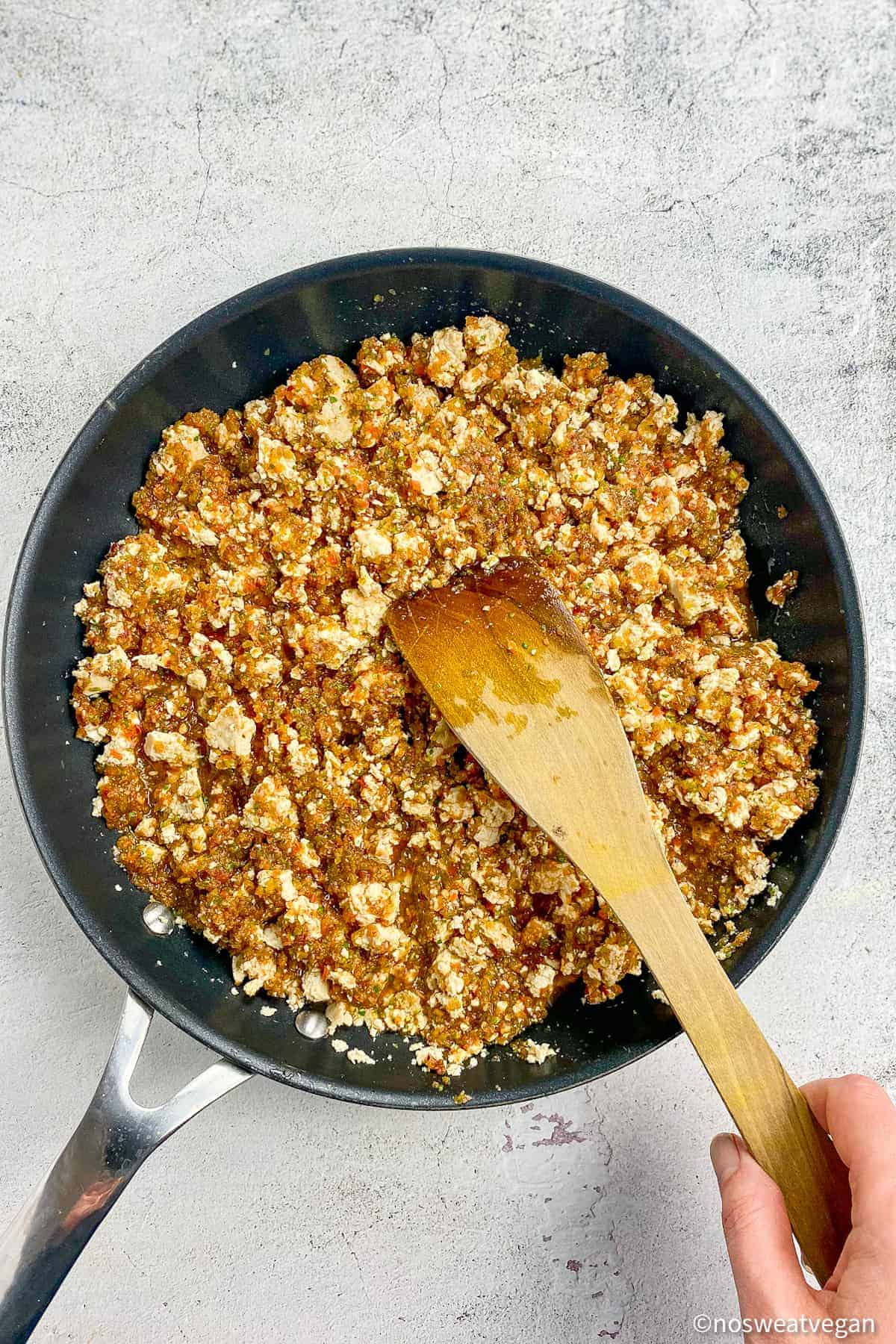 Sofritas meat in skillet.