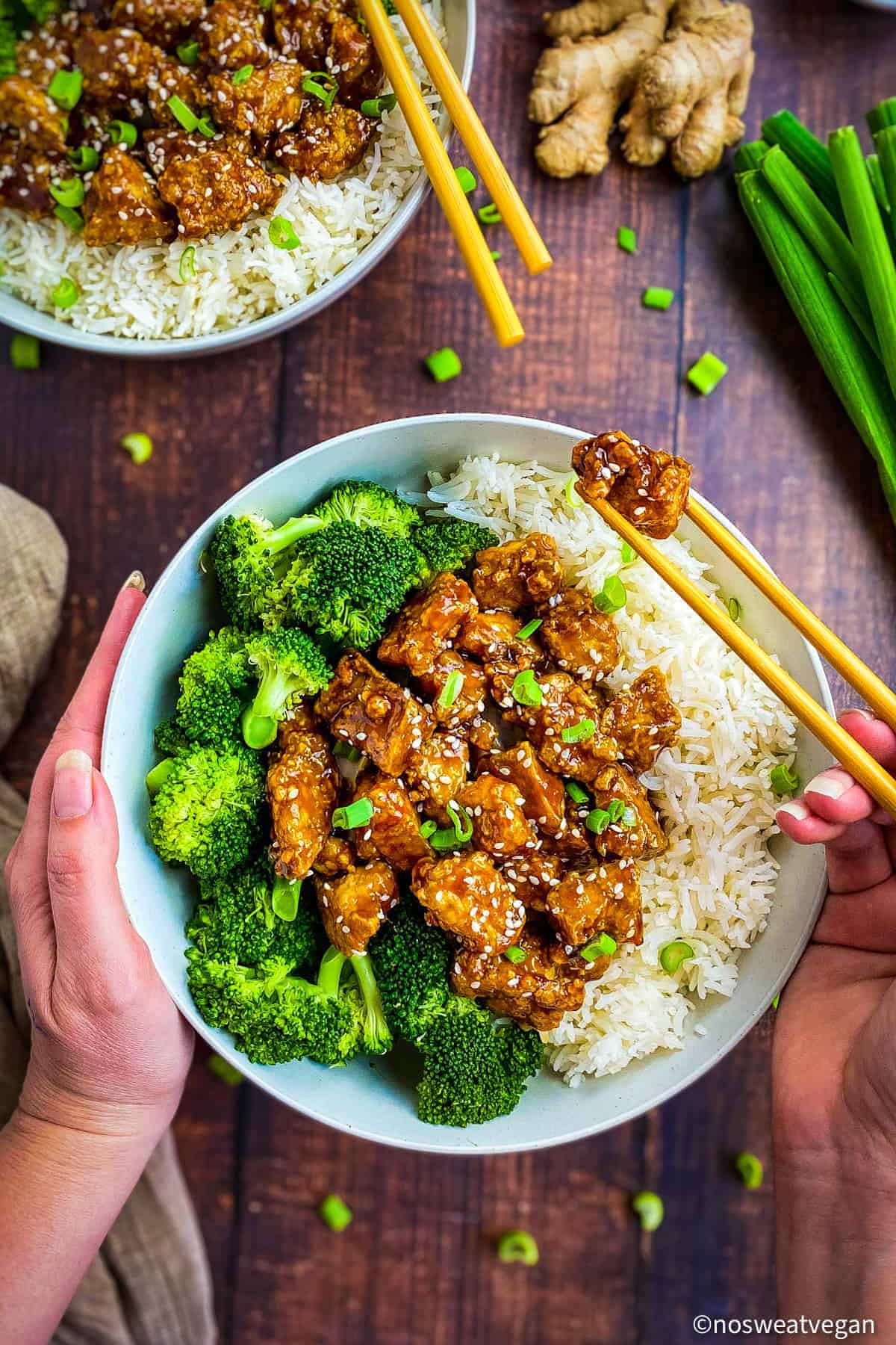 Bowl with teriyaki tofu, rice, and broccoli. A hand is lifting out a chunk of tofu with chopsticks.