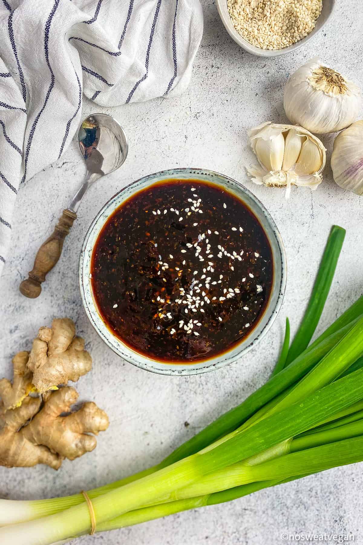 Bowl with vegan teriyaki sauce.