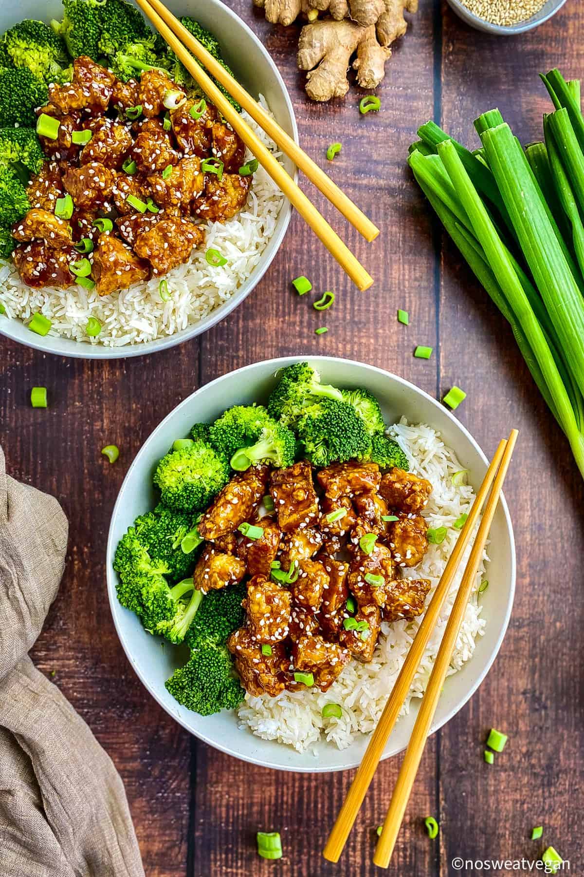 Two bowls with teriyaki tofu, rice, and broccoli.