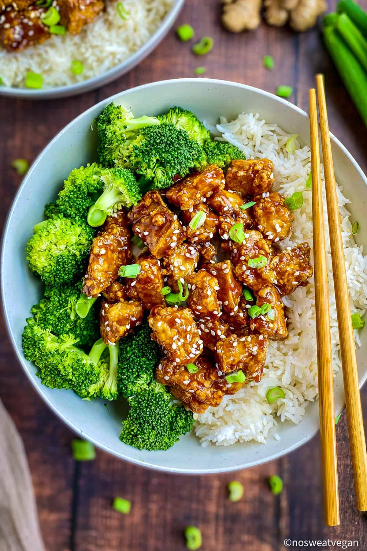 Bowl with teriyaki tofu, rice, and broccoli.