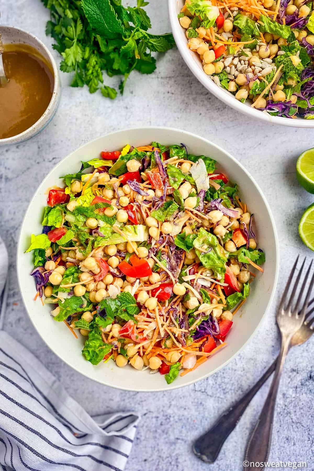 Bowl with vegan chickpea salad.
