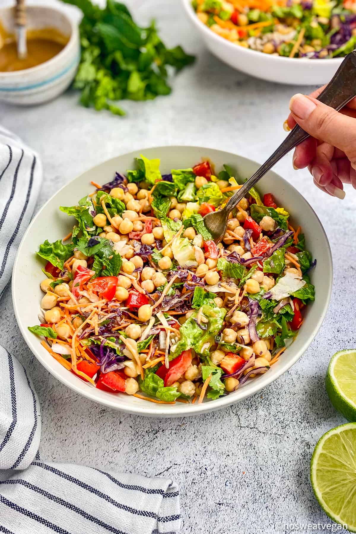 Hand putting a fork into a bowl of vegan rainbow salad.