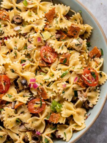 Bowl of Italian pasta salad.