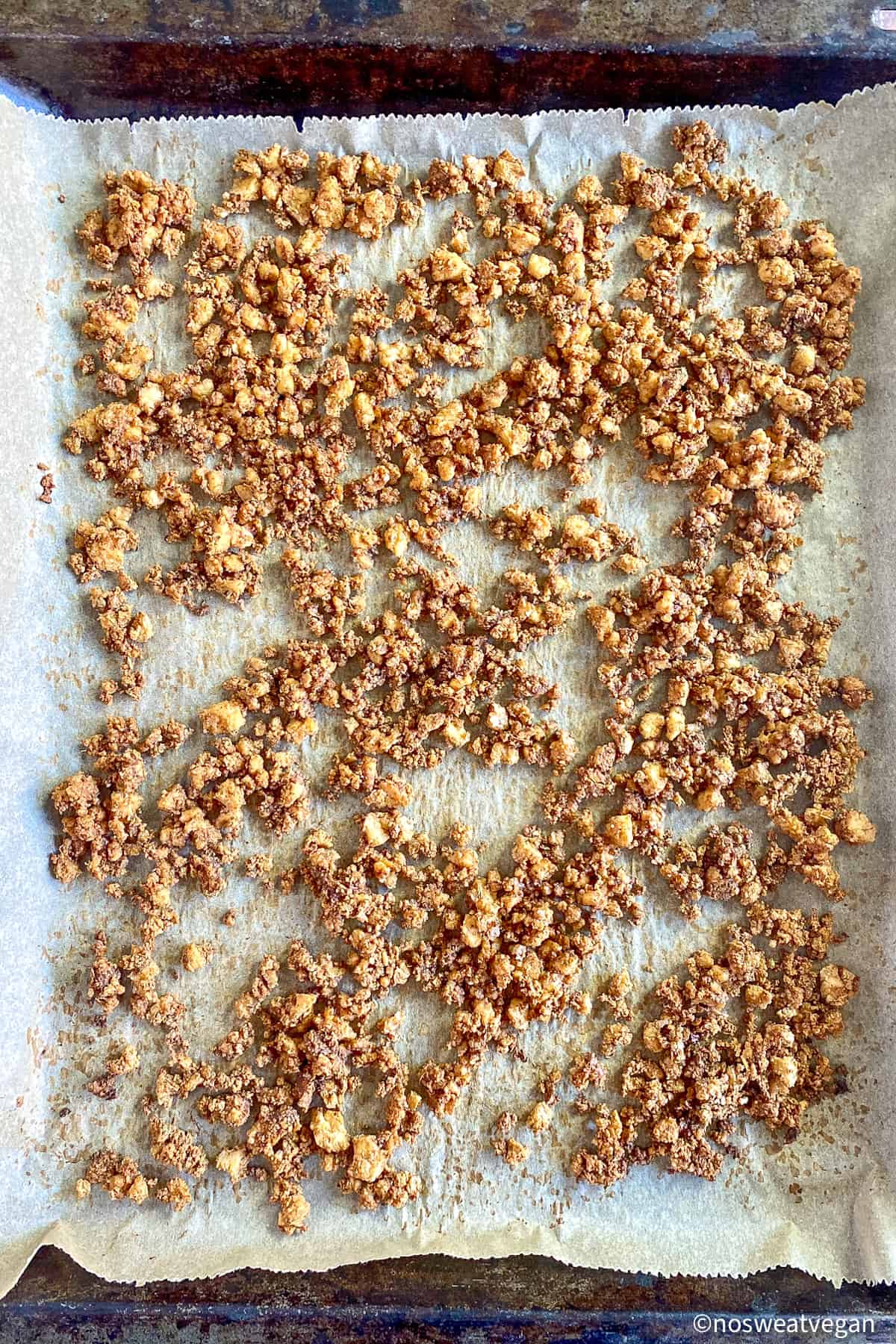 Tofu taco meat cooked on a tray.
