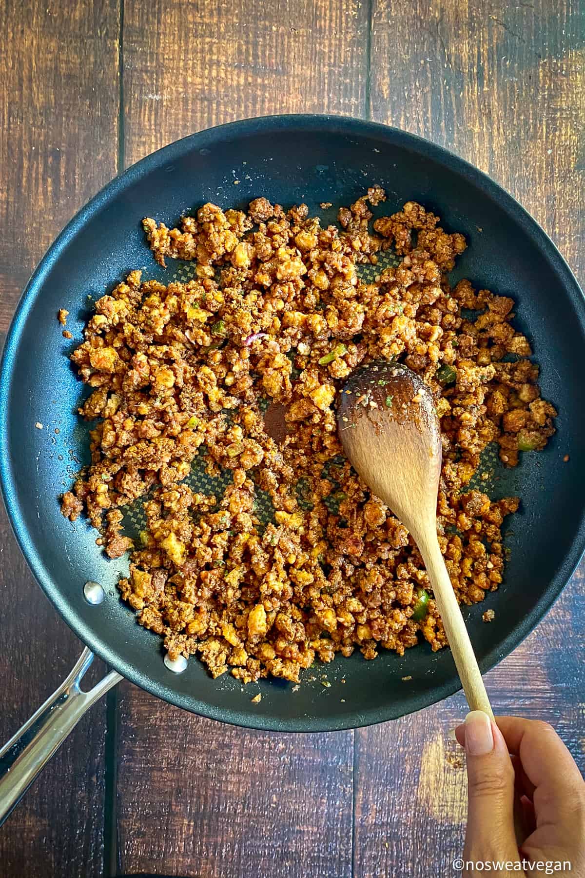 Vegan taco meat in a skillet.