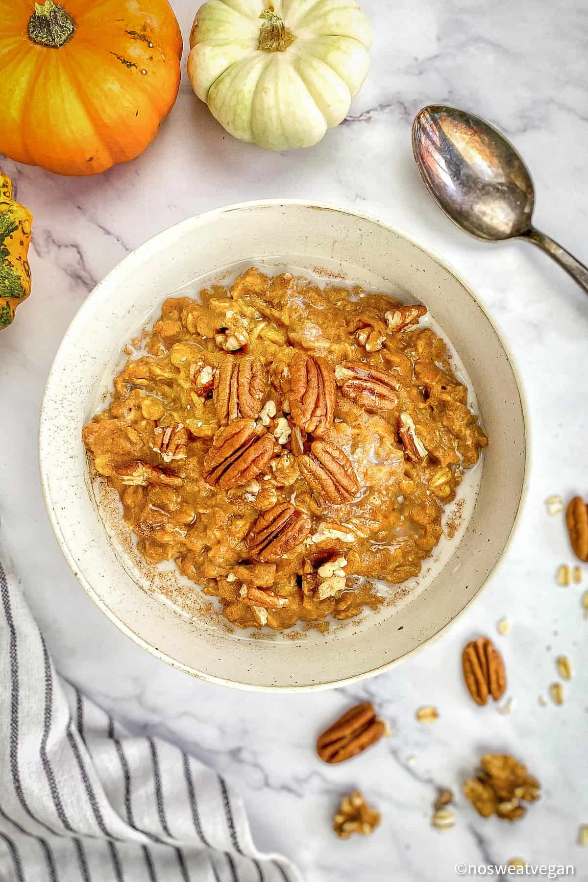 Bowl of vegan pumpkin oatmeal.