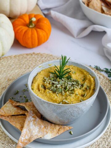 Savory pumpkin dip in a bowl.