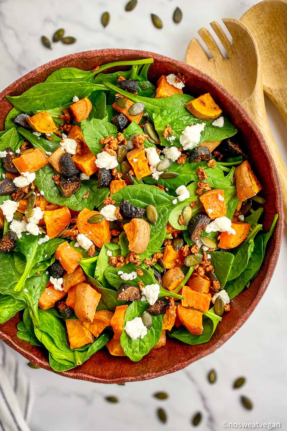 Closeup of sweet potato spinach salad.