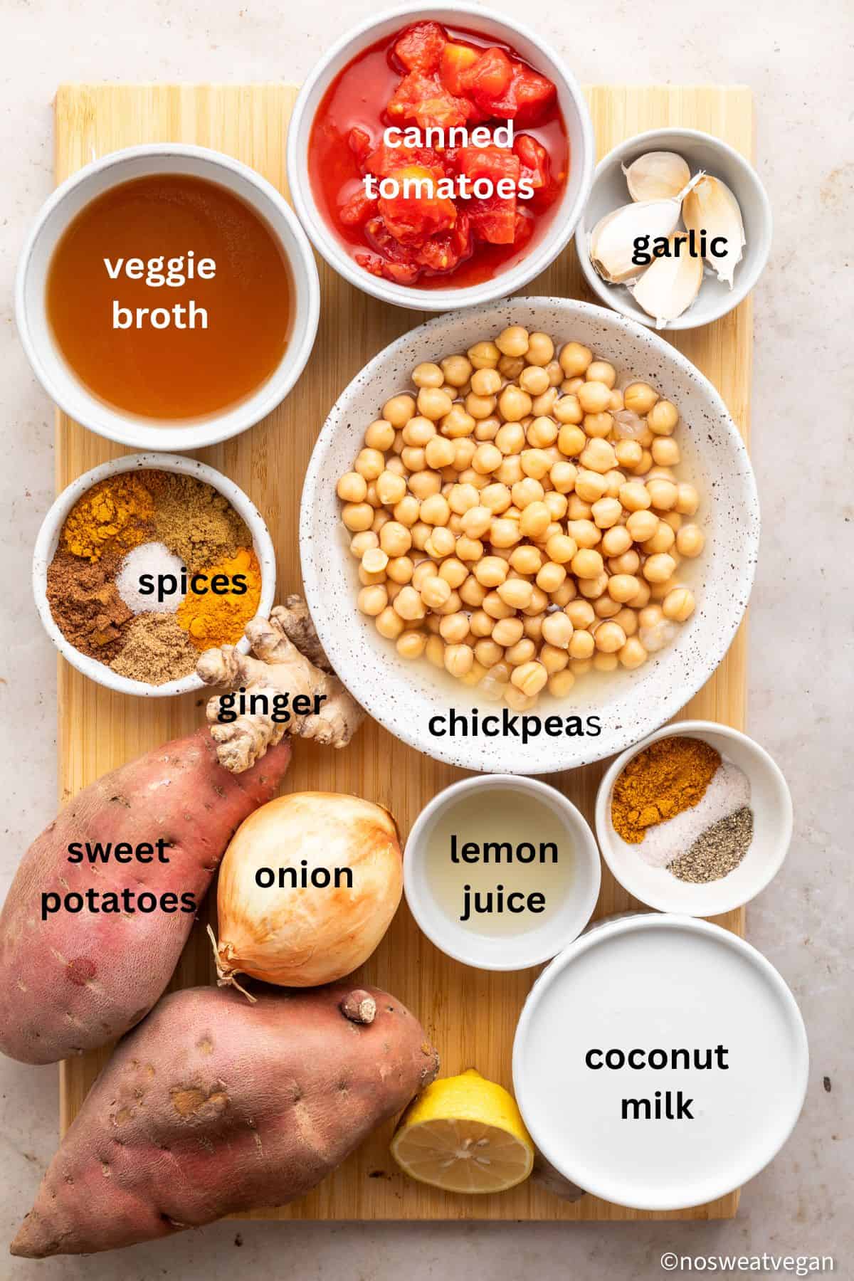 Sweet potato chickpea curry ingredients.
