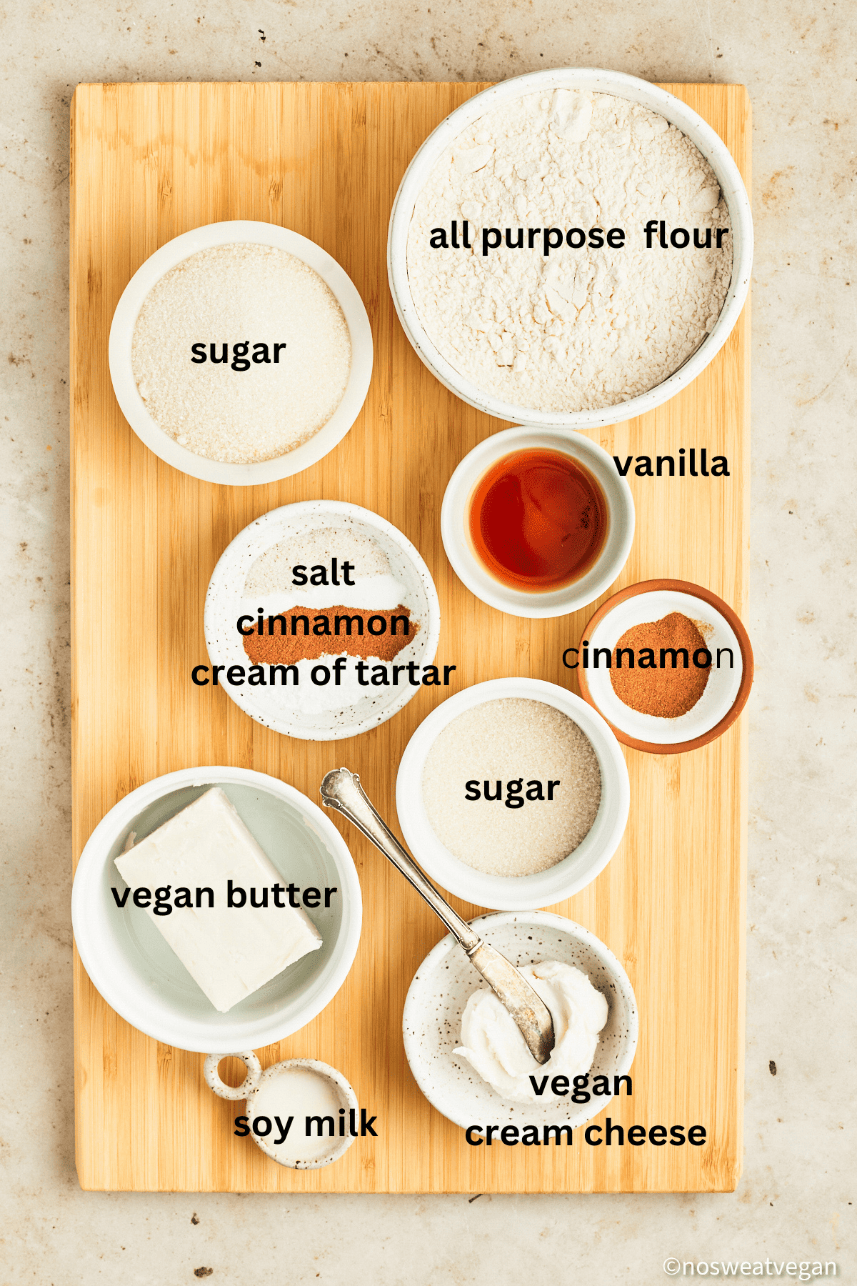 Vegan snickerdoodles ingredients on a cutting board.