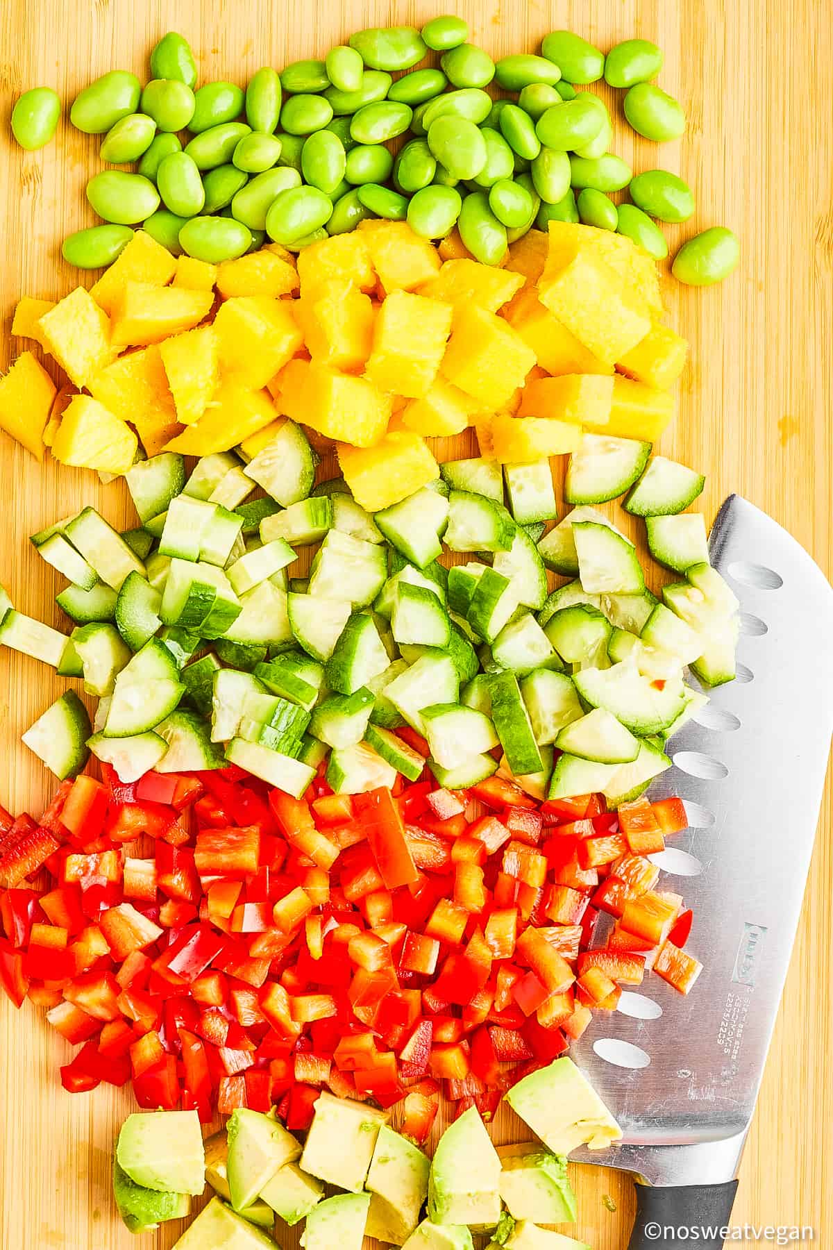 Chopped veggies for vegan poke bowls.