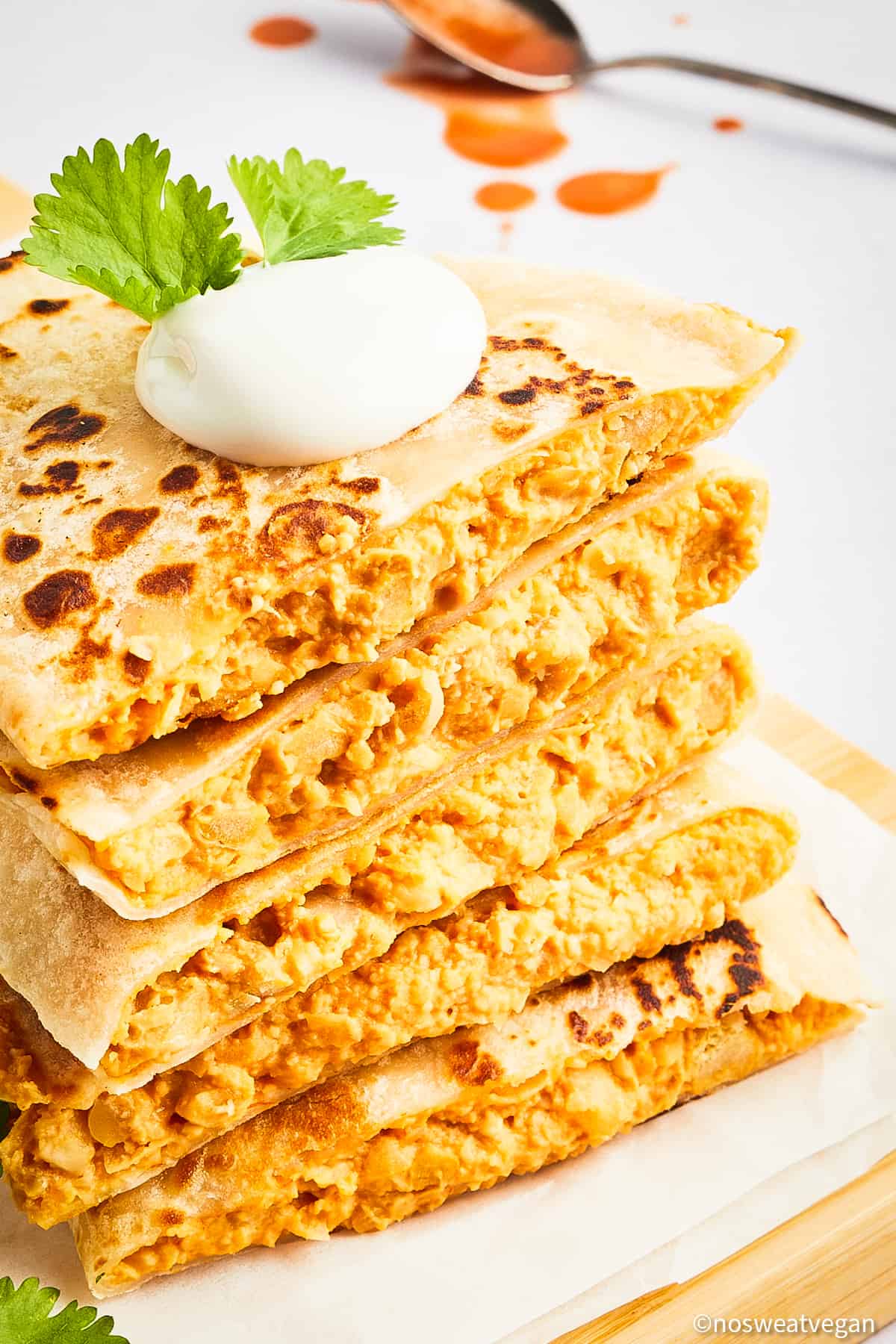 Stack of vegan quesadillas.