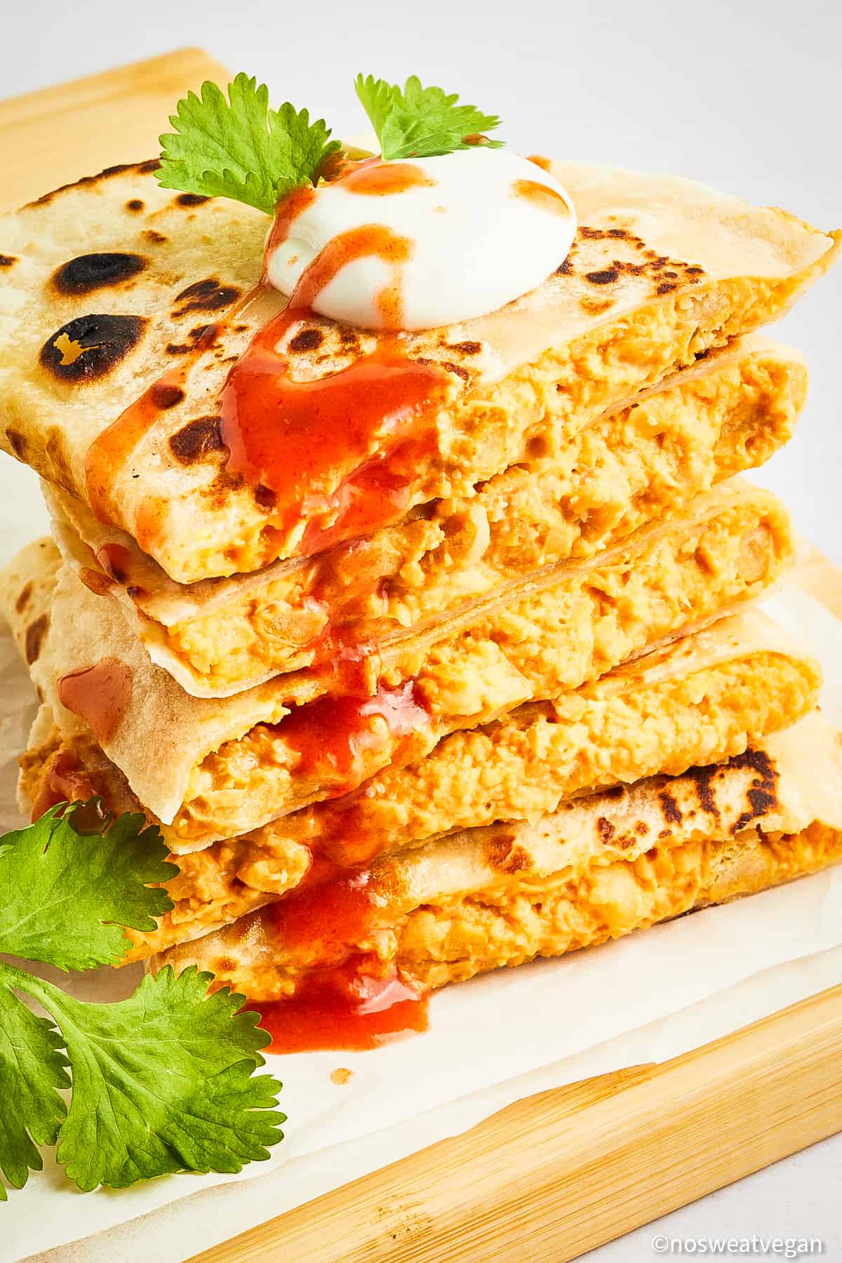 Buffalo chickpea quesadilla stacked.