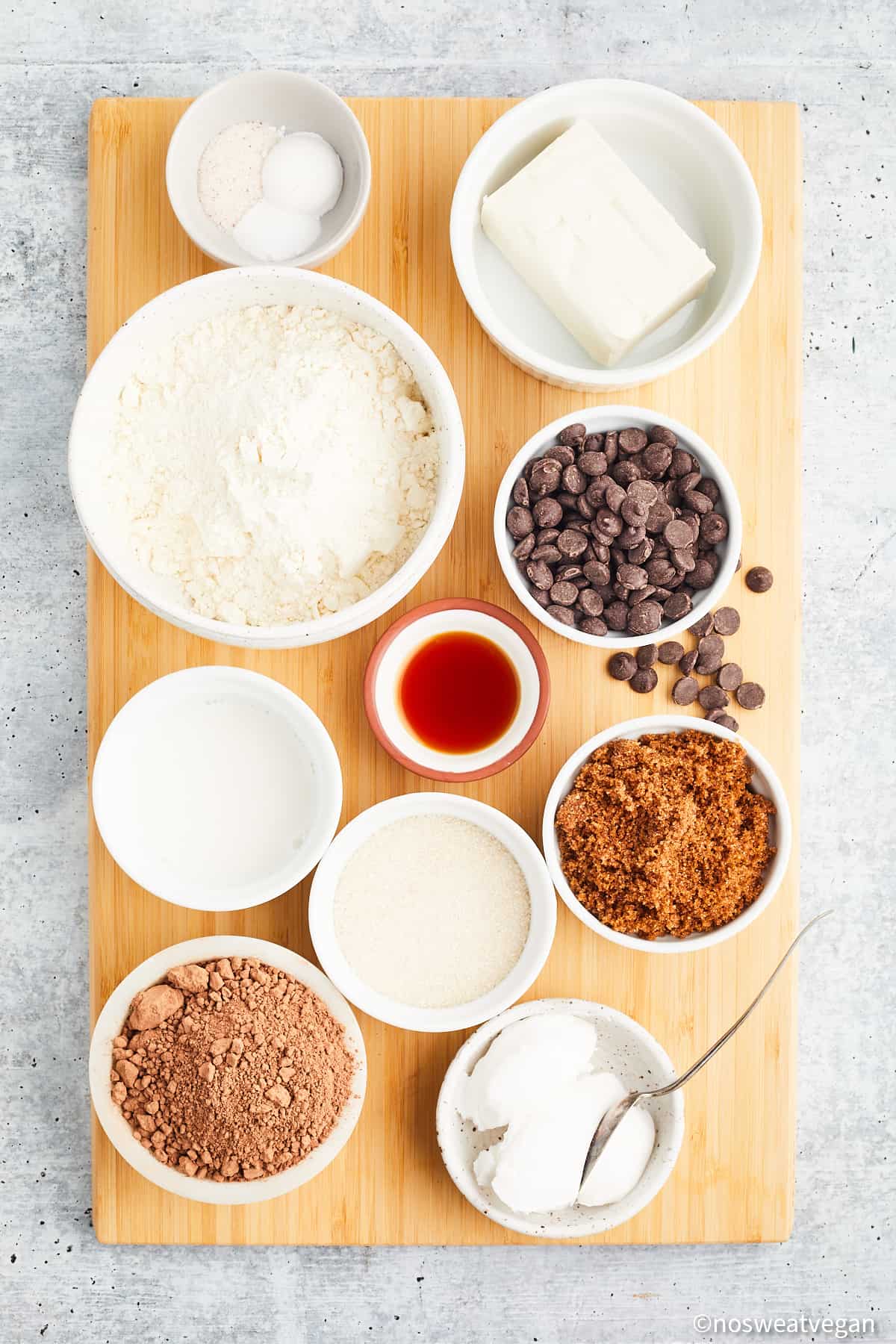 Vegan double chocolate chip cookie ingredients.