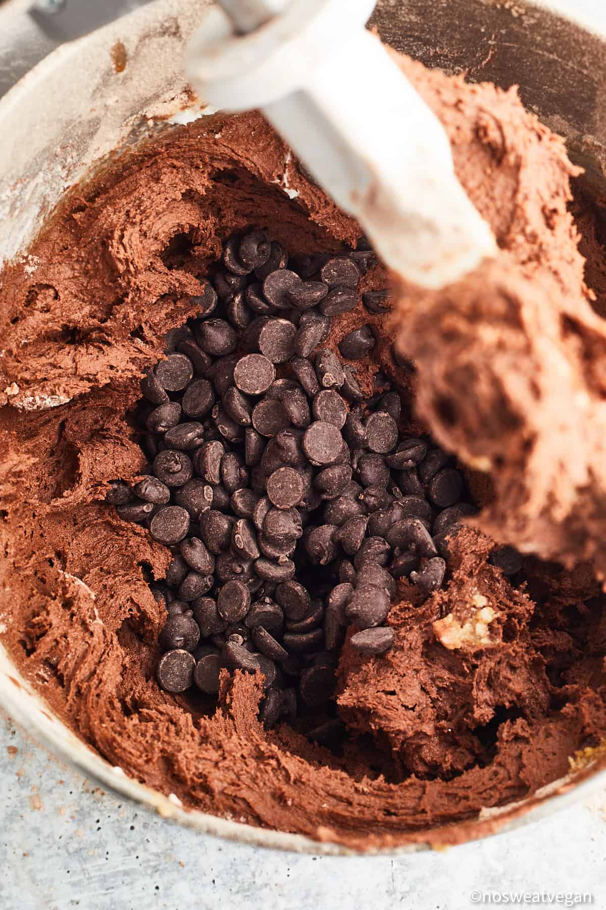 Vegan chocolate cookie dough with chocolate chips.