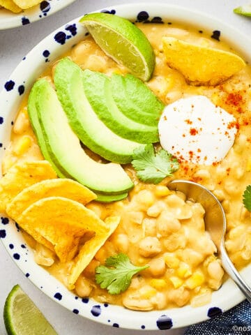 Vegan white bean chickpea chili in a bowl.