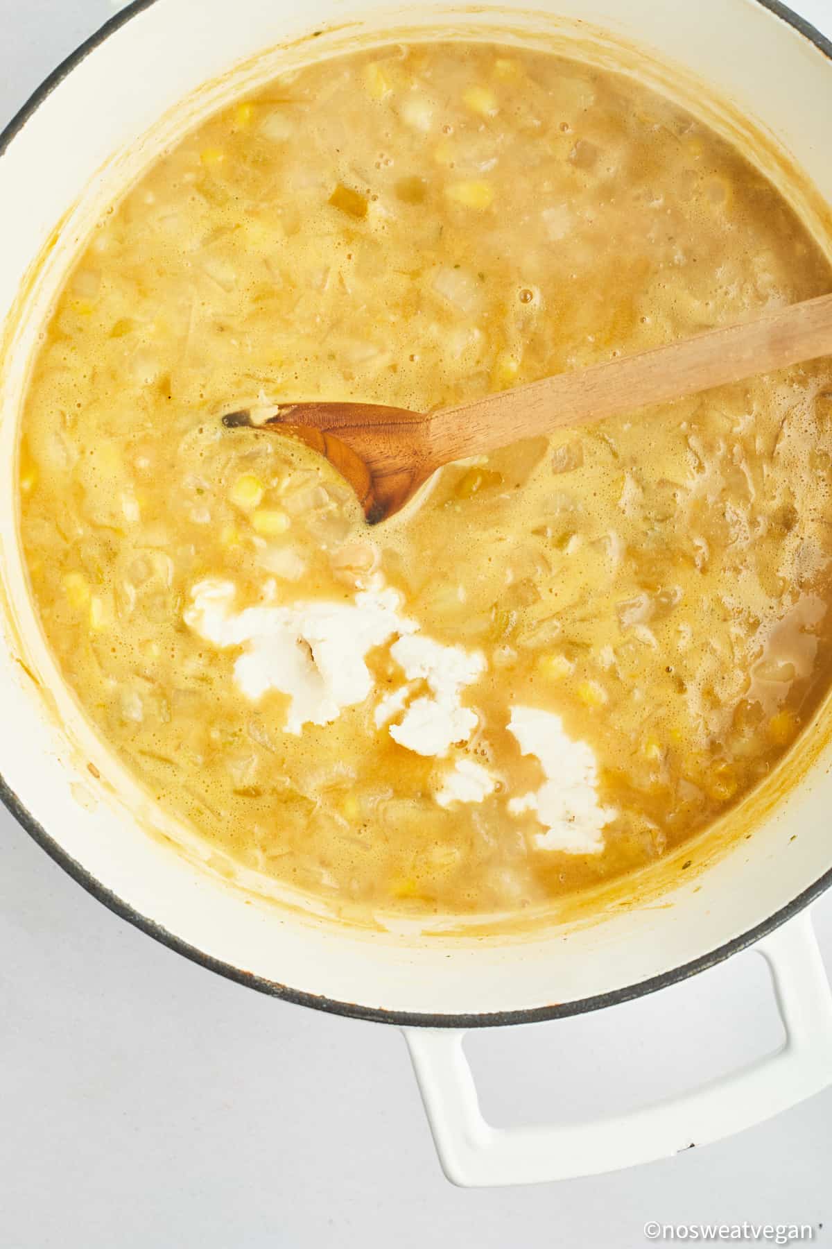 Vegan cream cheese added to white bean chickpea chili.