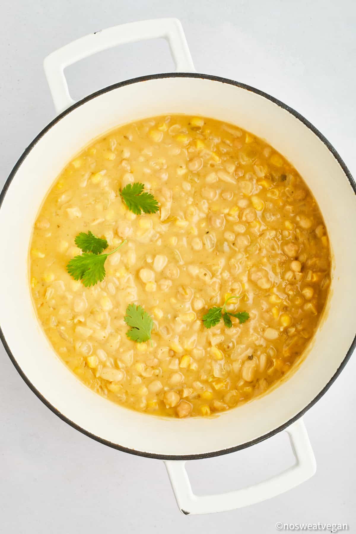 White bean chickpea chili in a pot.