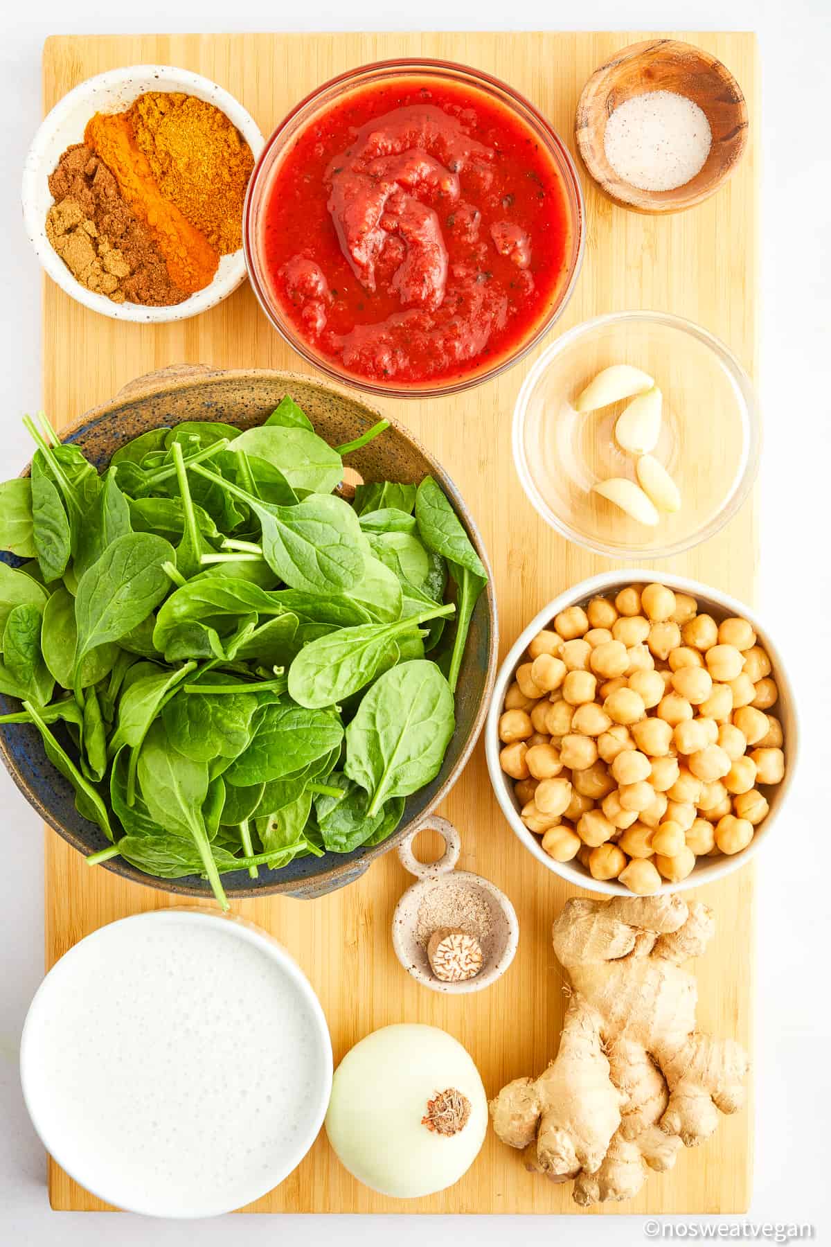 Chickpea and spinach curry ingredients.