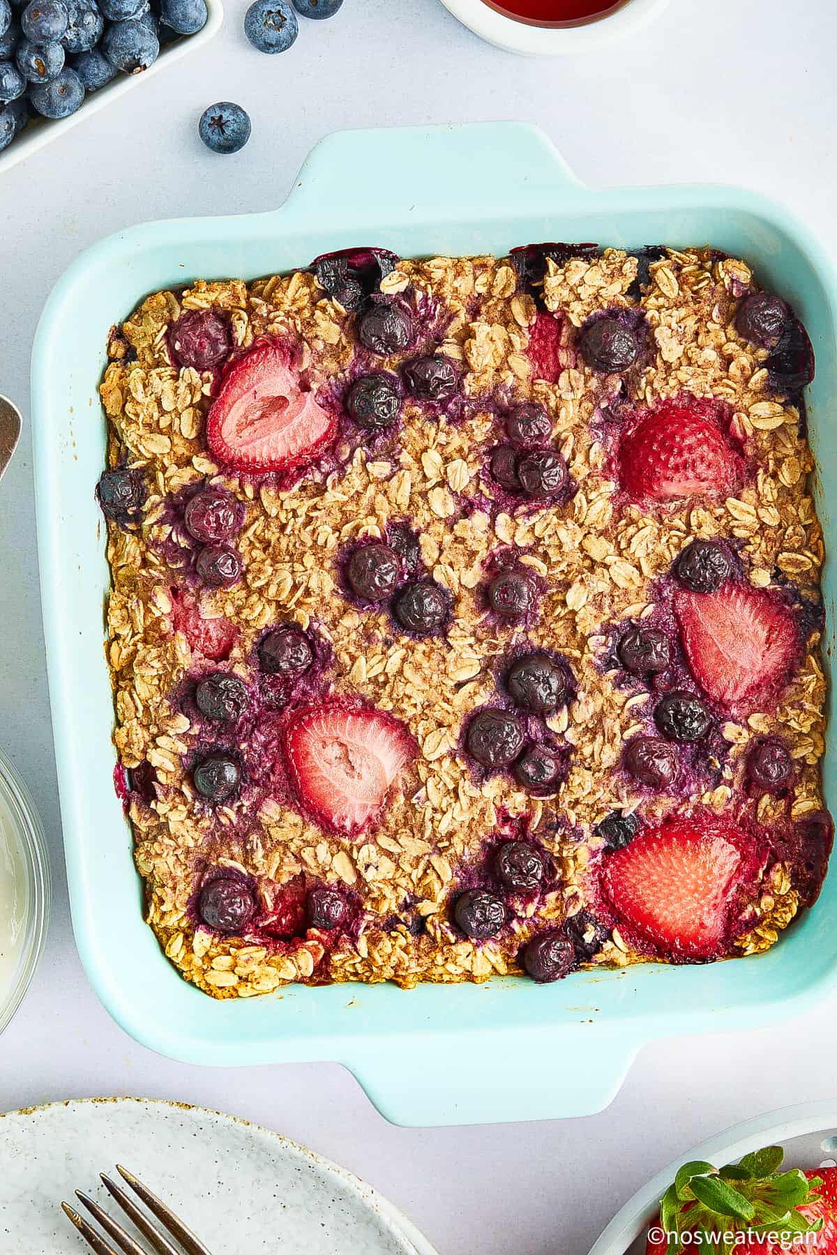 Vegan baked oatmeal in a baking dish.