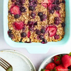 Vegan baked oatmeal in a baking dish.