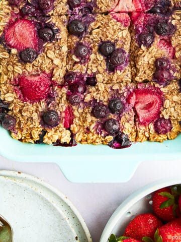 Vegan baked oatmeal in a baking dish.