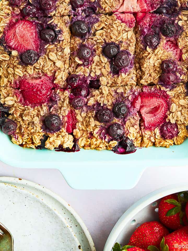 Vegan baked oatmeal in a baking dish.