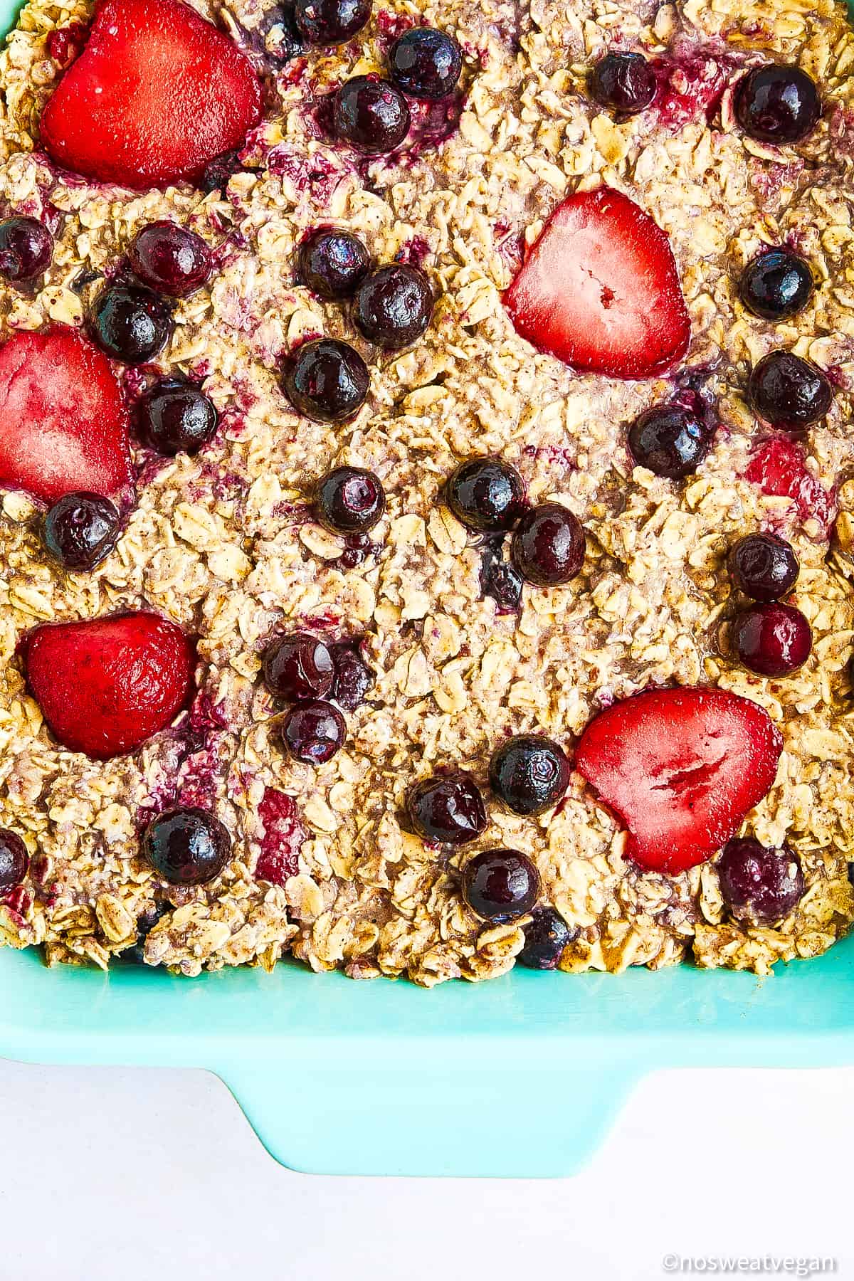 Closeup of cooked vegan baked oats.