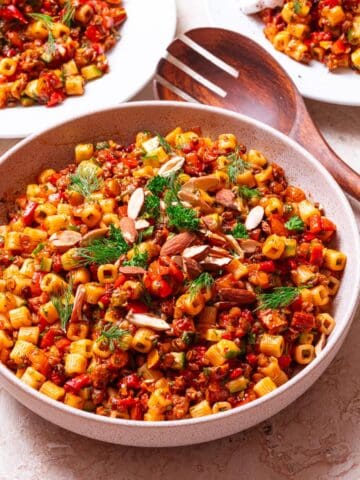 Crispy lentil pasta salad in a bowl.