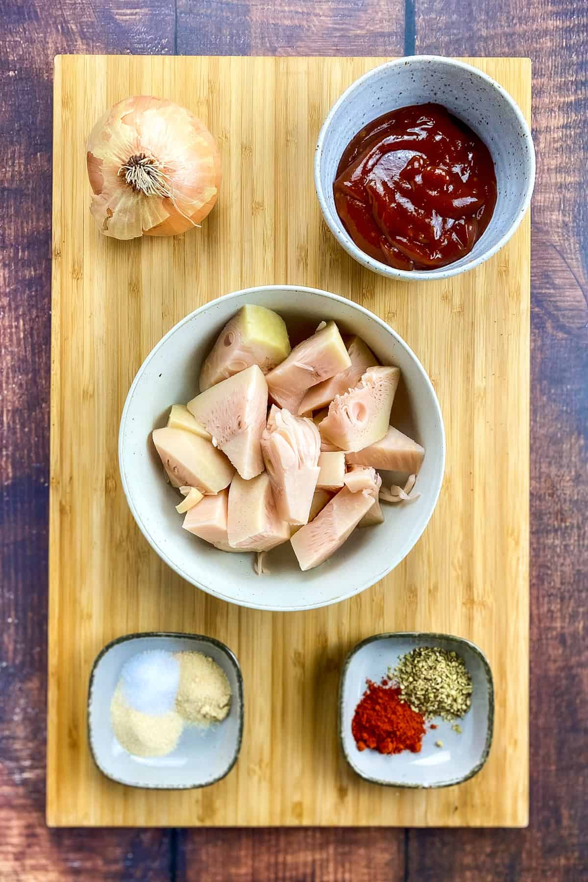 BBQ jackfruit ingredients on a cutting board.
