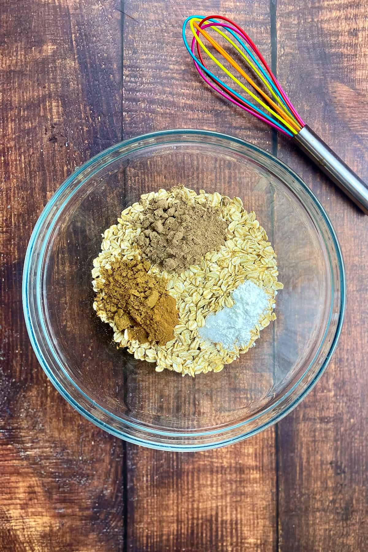 Dry ingredients for pumpkin baked oats.