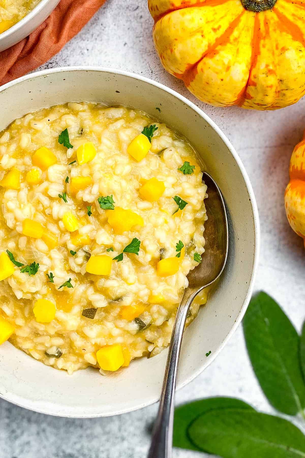 Bowl of vegan pumpkin risotto with a spoon.