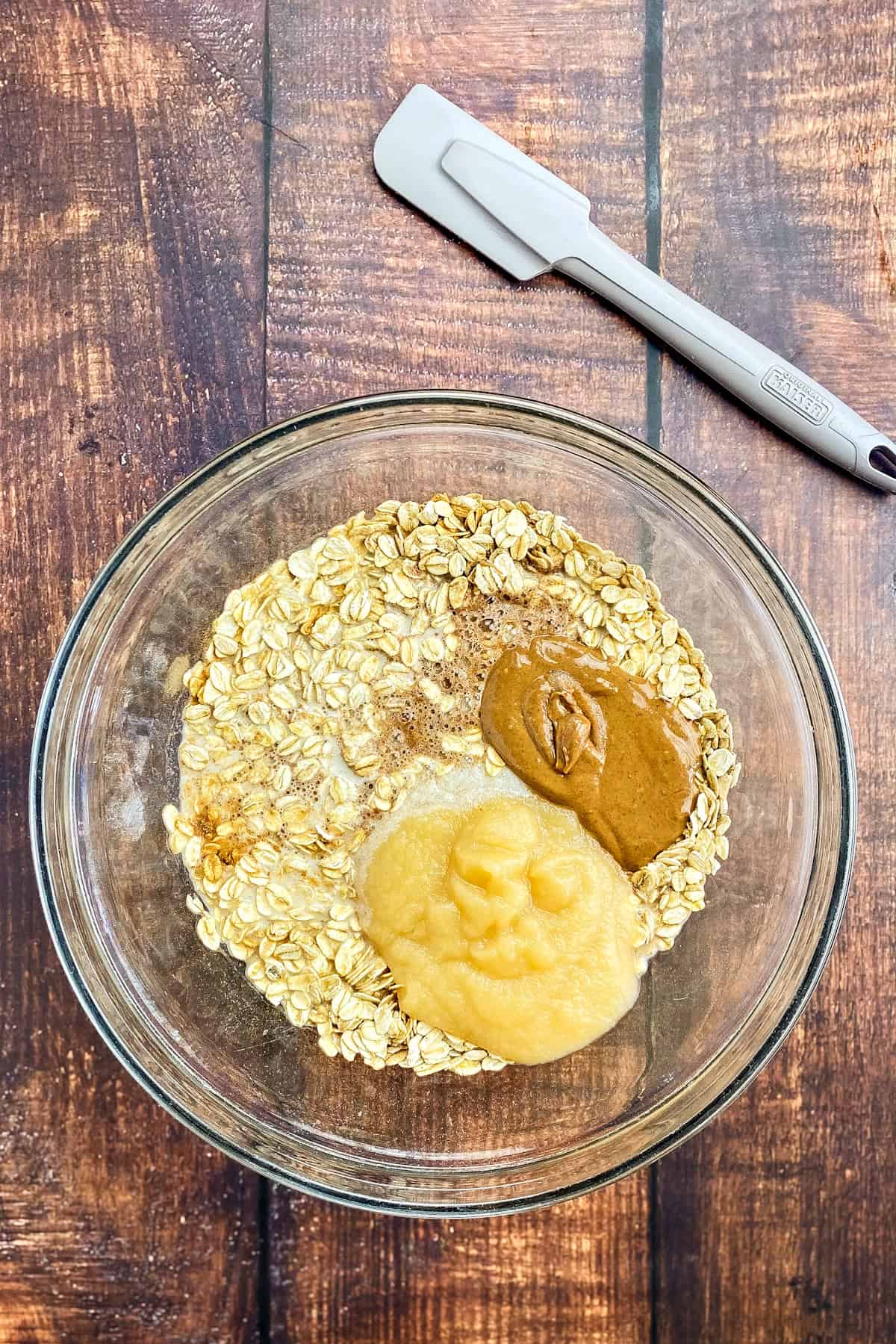 Applesauce, almond butter, and soy milk added to baked oatmeal.